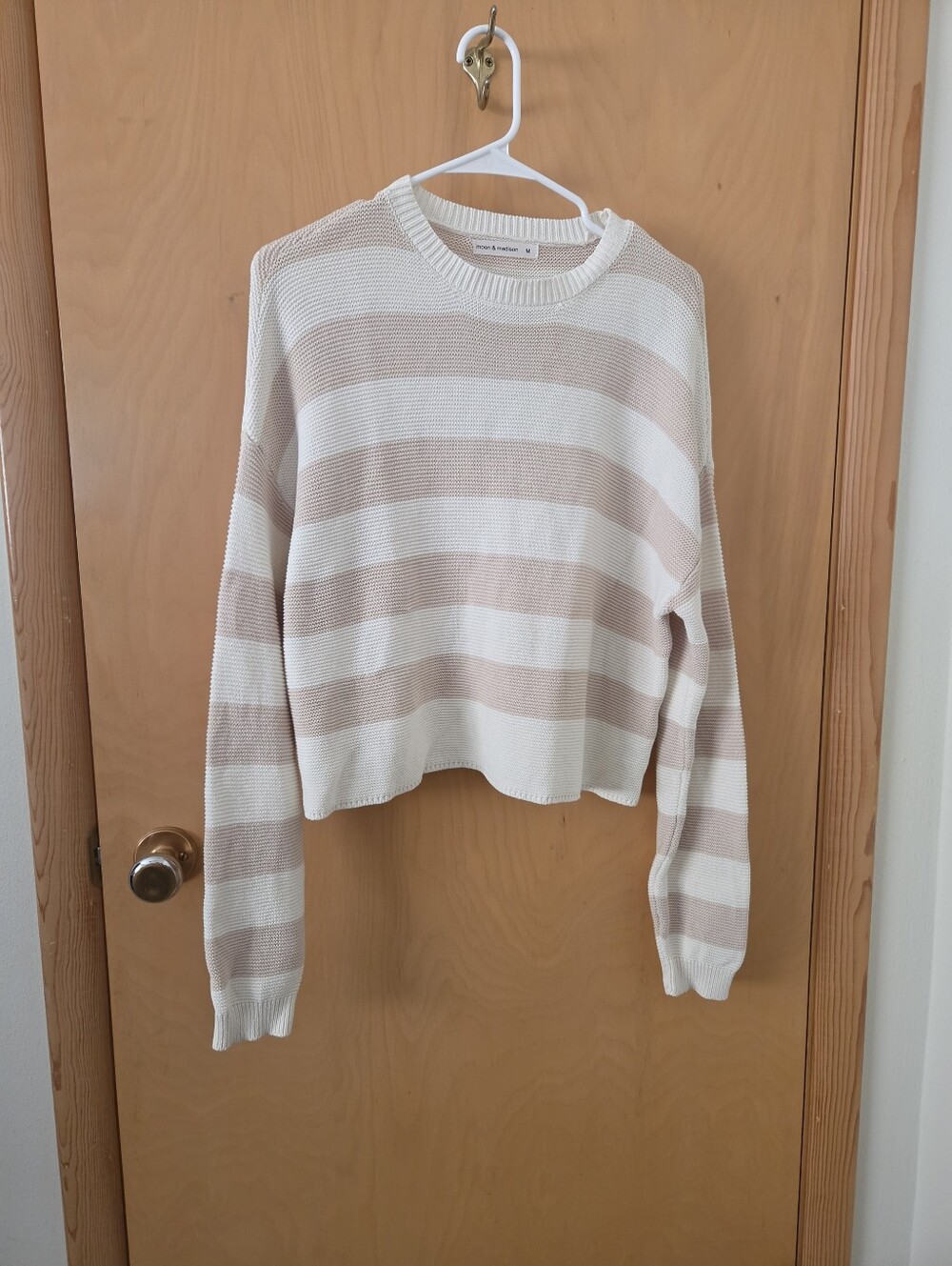 100% Cotton moon & madison Cream and Tan Striped Crewneck Sweater